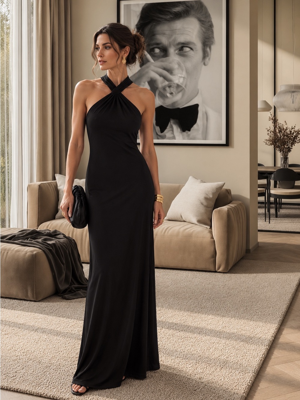 David Meister Black Halter Maxi Dress Size 10 Evening Gown Formal Made USA
